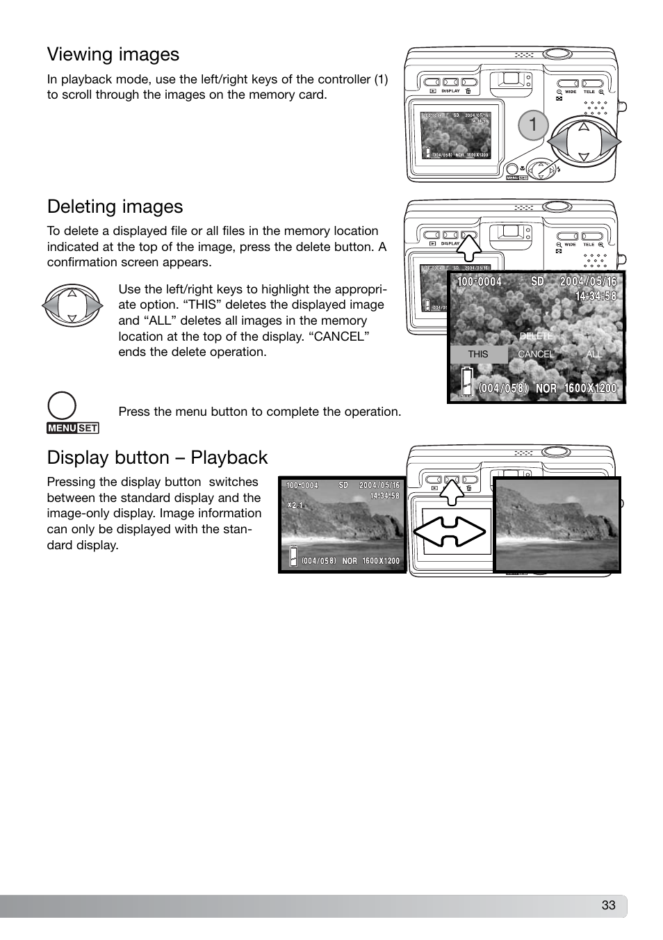 Deleting images, Viewing images, Display button – playback 1 | Konica Minolta DiMAGE G600 User Manual | Page 33 / 104