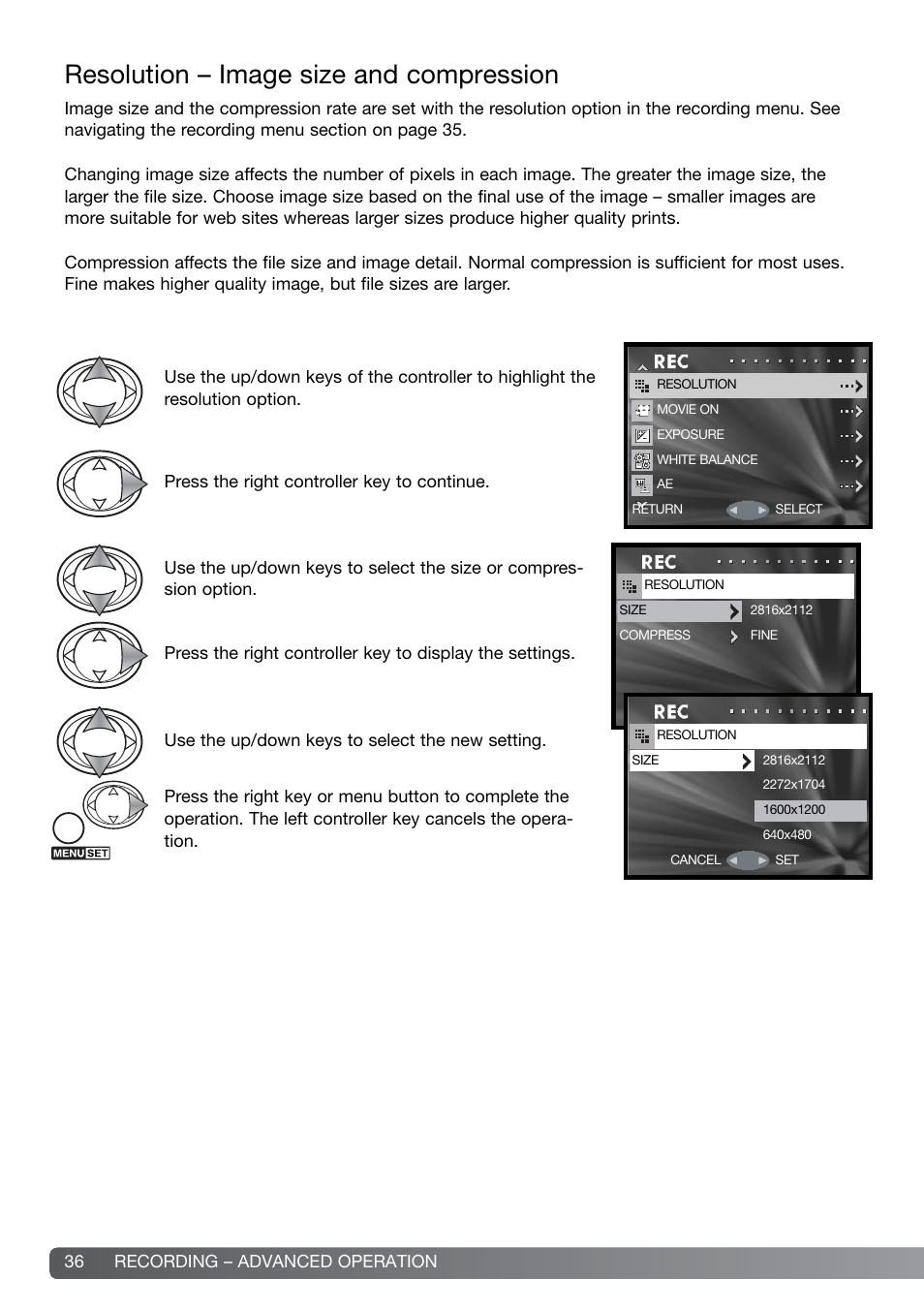 Resolution – image size and compression | Konica Minolta DiMAGE G600 User Manual | Page 36 / 104