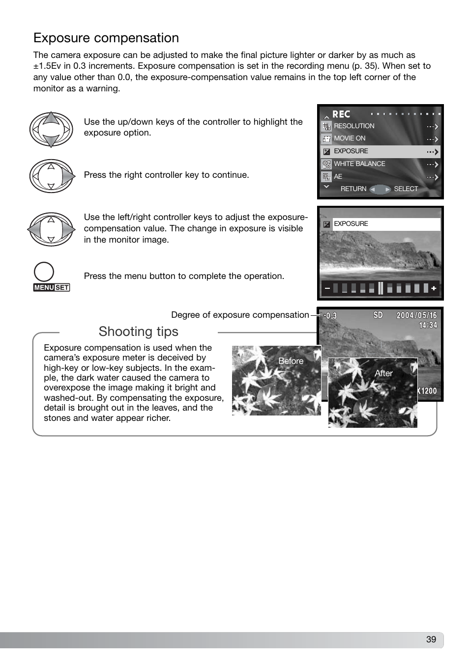 Exposure compensation, Shooting tips | Konica Minolta DiMAGE G600 User Manual | Page 39 / 104