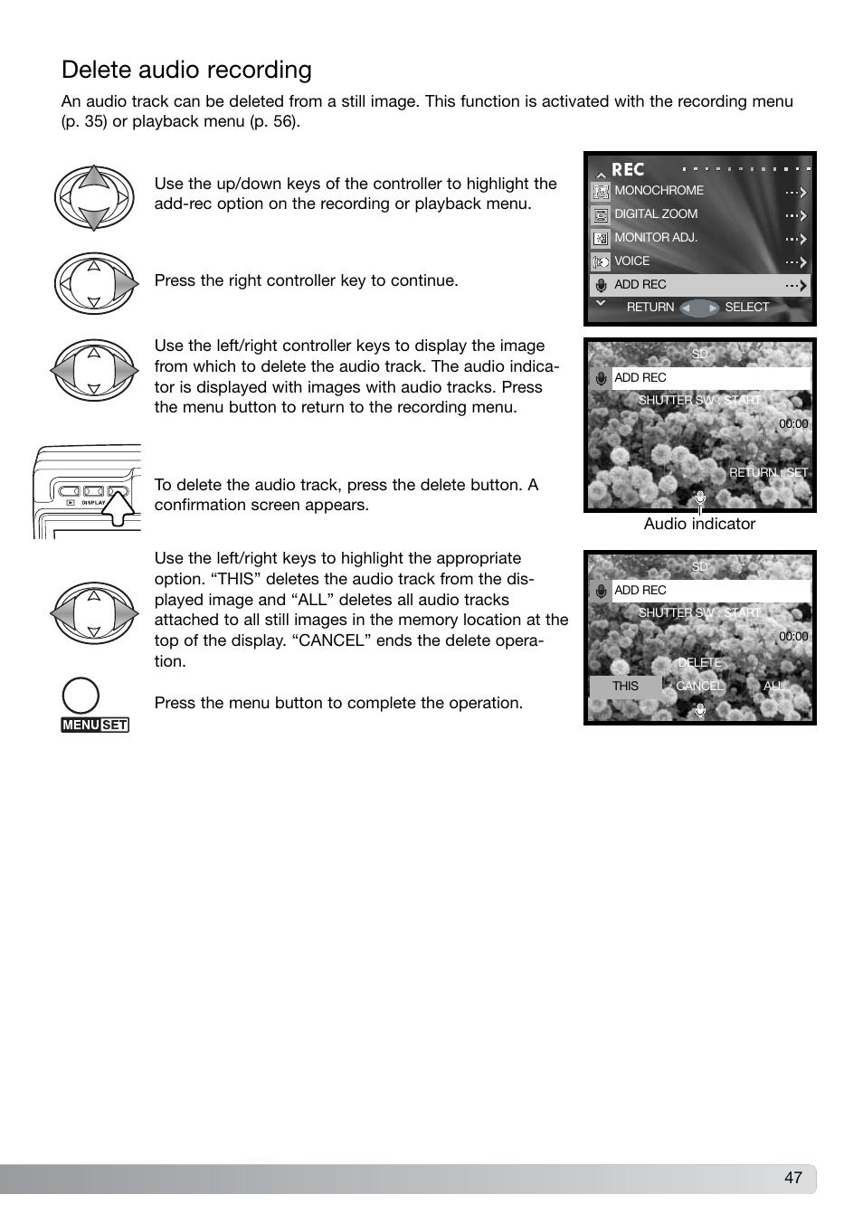 Delete audio recording | Konica Minolta DiMAGE G600 User Manual | Page 47 / 104