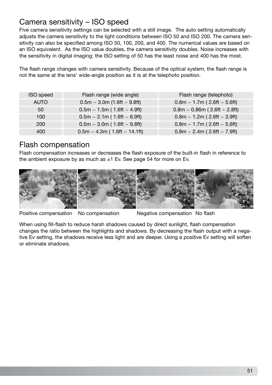 Camera sensitivity – iso speed flash compensation, Camera sensitivity – iso speed, Flash compensation | Konica Minolta DiMAGE G600 User Manual | Page 51 / 104