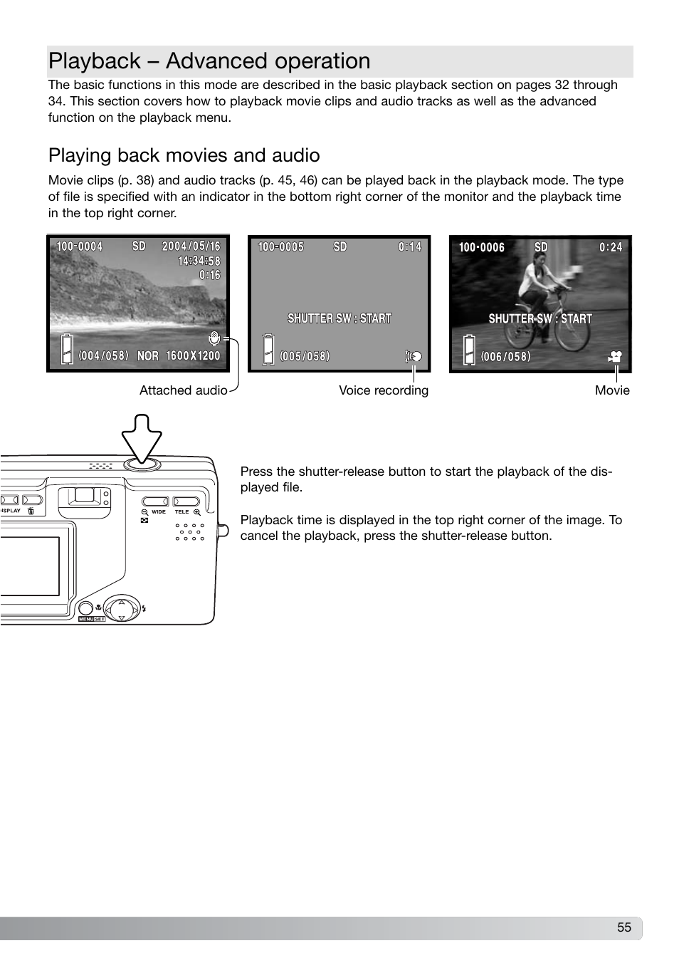 Playback – advanced operation, Playing back movies and audio | Konica Minolta DiMAGE G600 User Manual | Page 55 / 104