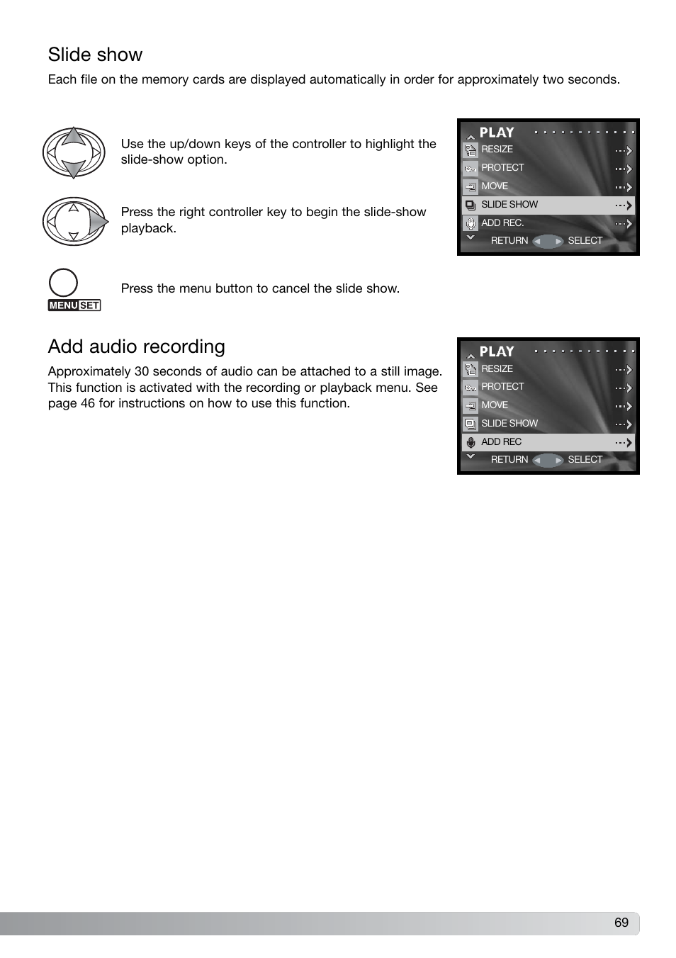 Slide show add audio recording, Slide show, Add audio recording | Konica Minolta DiMAGE G600 User Manual | Page 69 / 104