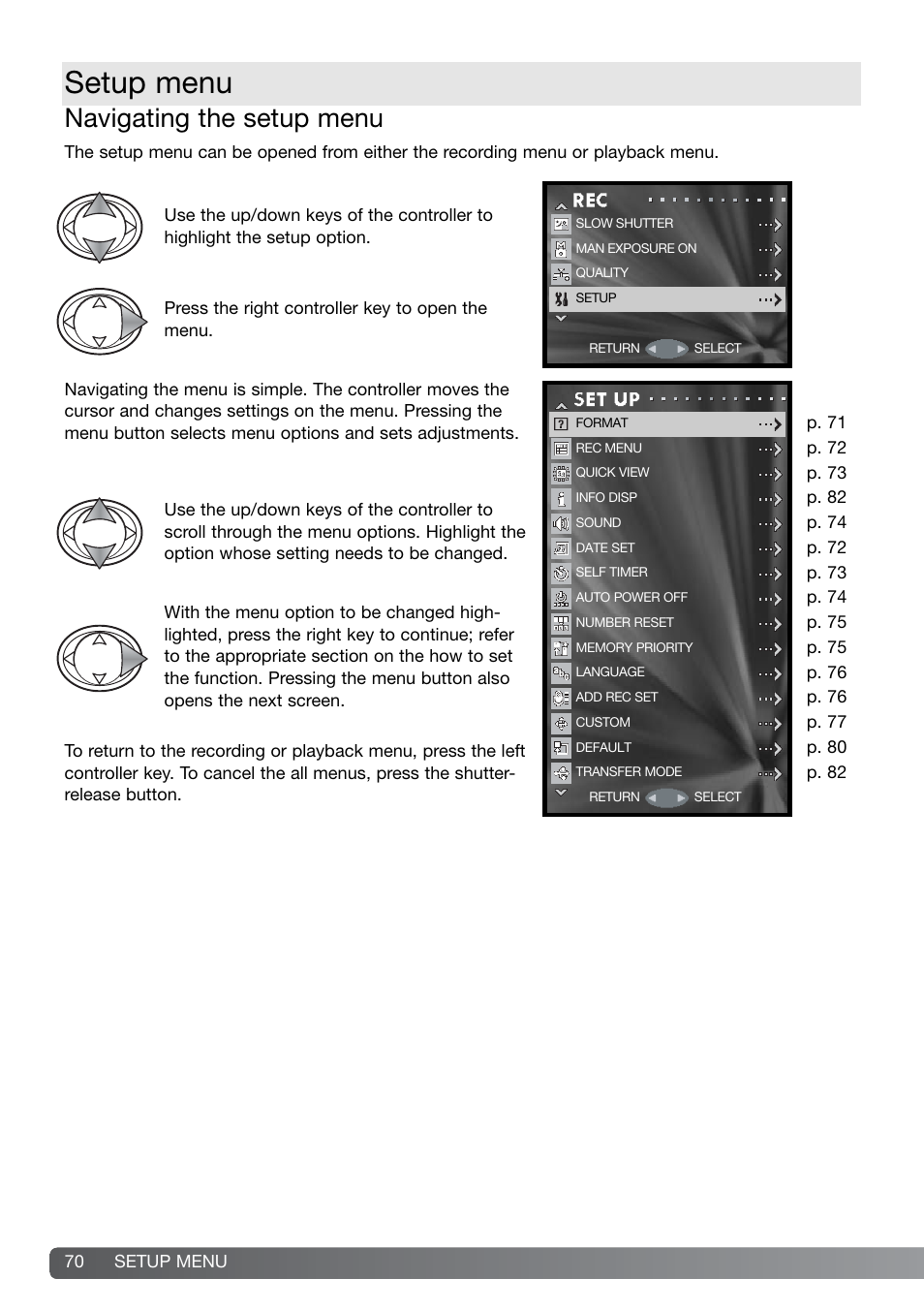 Setup menu, Navigating the setup menu | Konica Minolta DiMAGE G600 User Manual | Page 70 / 104