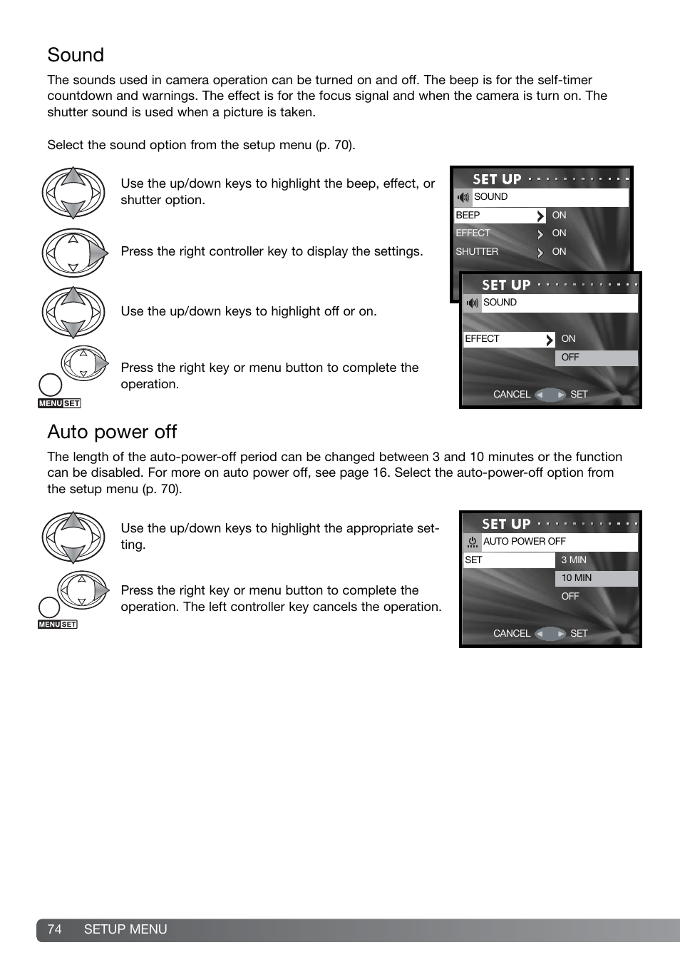 Sound auto power off, Sound, Auto power off | Konica Minolta DiMAGE G600 User Manual | Page 74 / 104