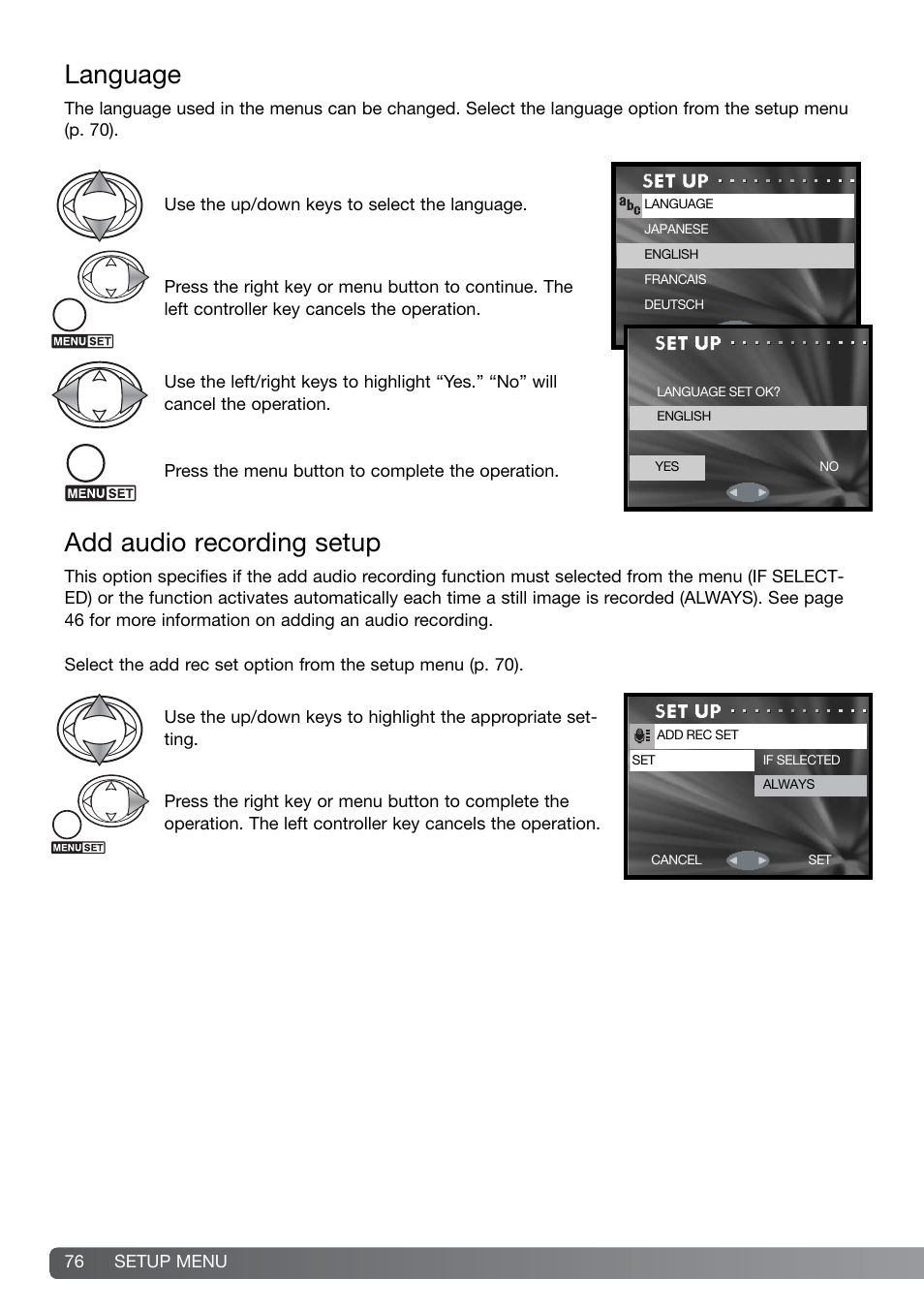 Language add audio recording setup, Language, Add audio recording setup | Konica Minolta DiMAGE G600 User Manual | Page 76 / 104