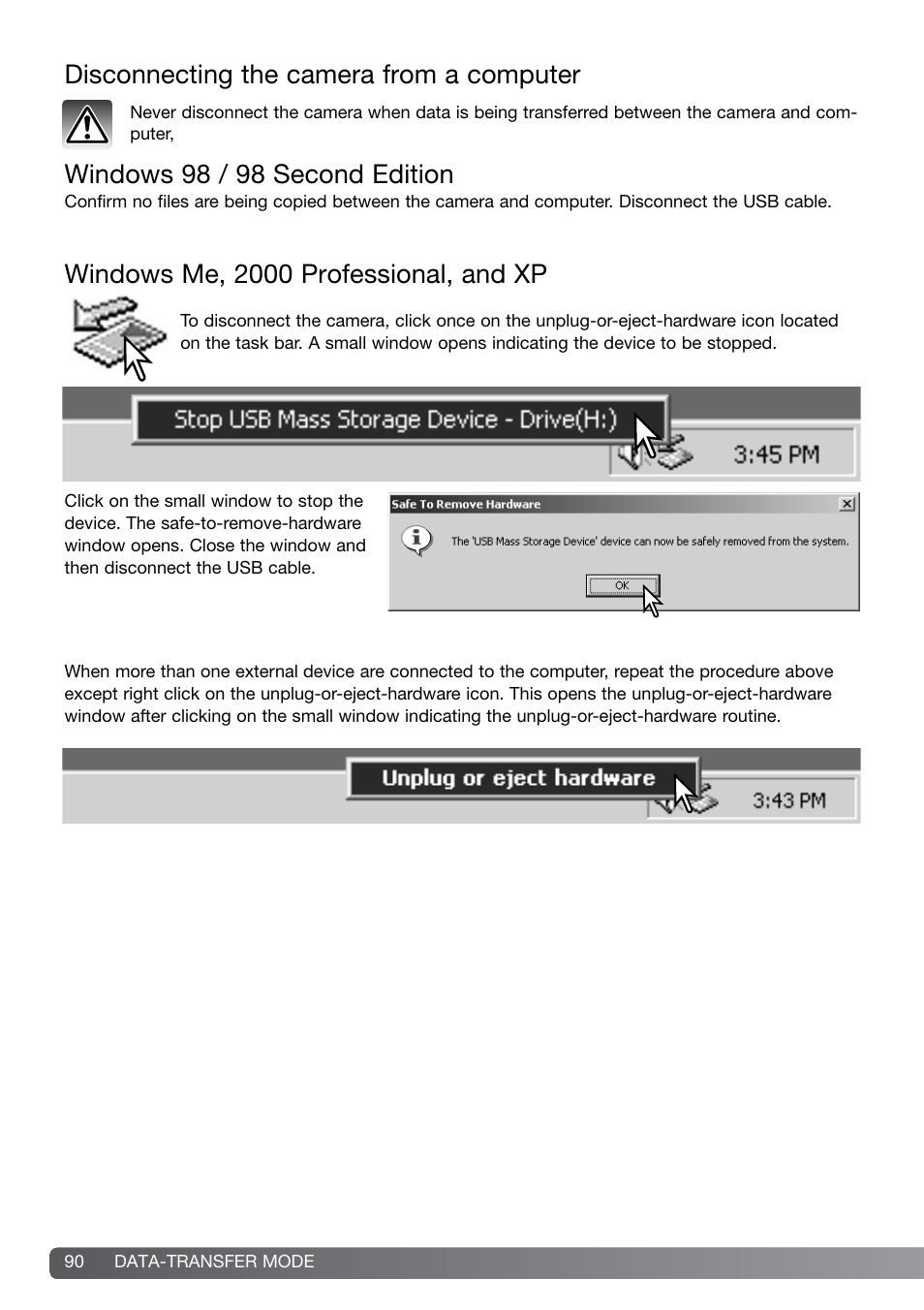 Disconnecting the camera from the computer, Windows 98 / 98 second edition | Konica Minolta DiMAGE G600 User Manual | Page 90 / 104