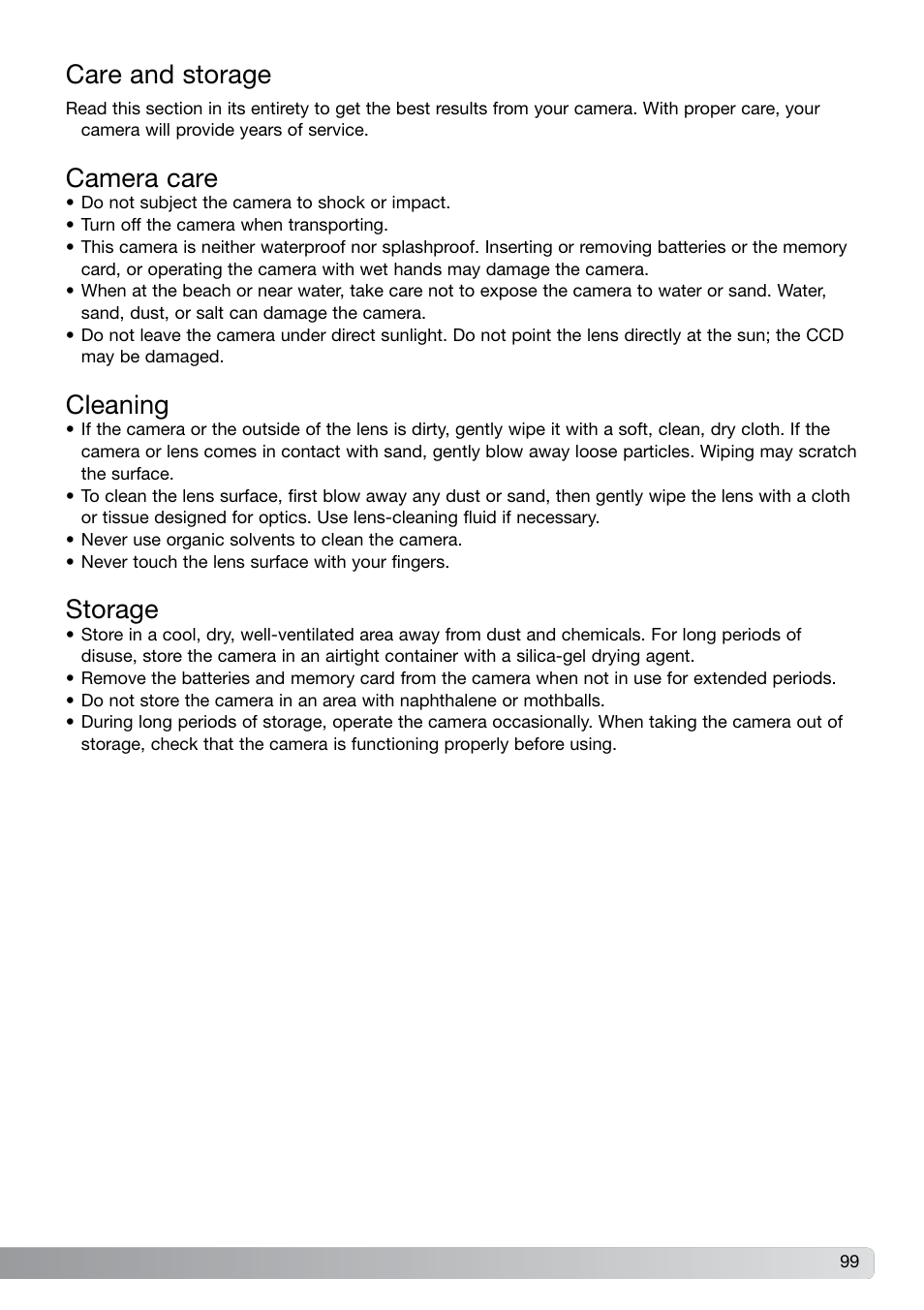 Care and storage, Camera care cleaning storage, Camera care | Cleaning, Storage | Konica Minolta DiMAGE G600 User Manual | Page 99 / 104