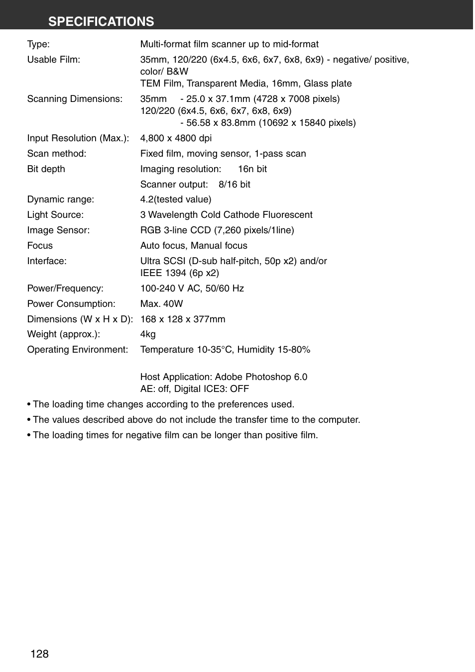 Specifications | Konica Minolta DiMAGE Scan Multi PRO User Manual | Page 128 / 129