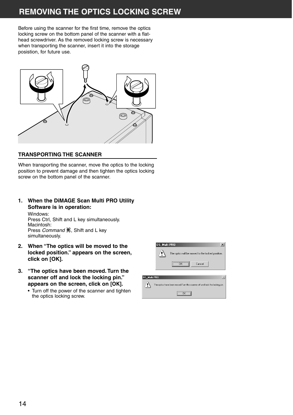 Removing the optics locking screw | Konica Minolta DiMAGE Scan Multi PRO User Manual | Page 14 / 129