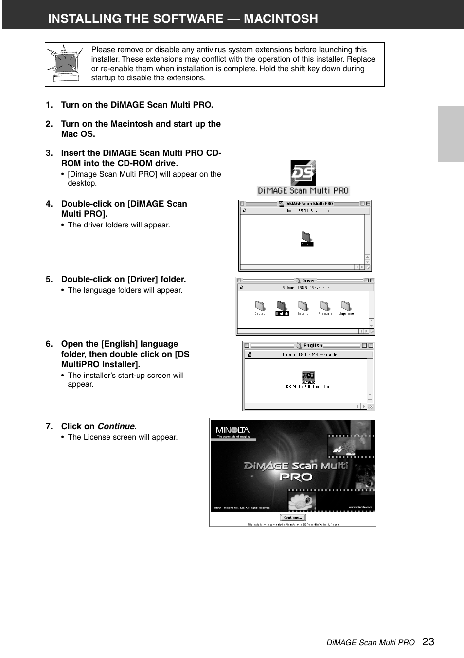 Installing the software — macintosh | Konica Minolta DiMAGE Scan Multi PRO User Manual | Page 23 / 129