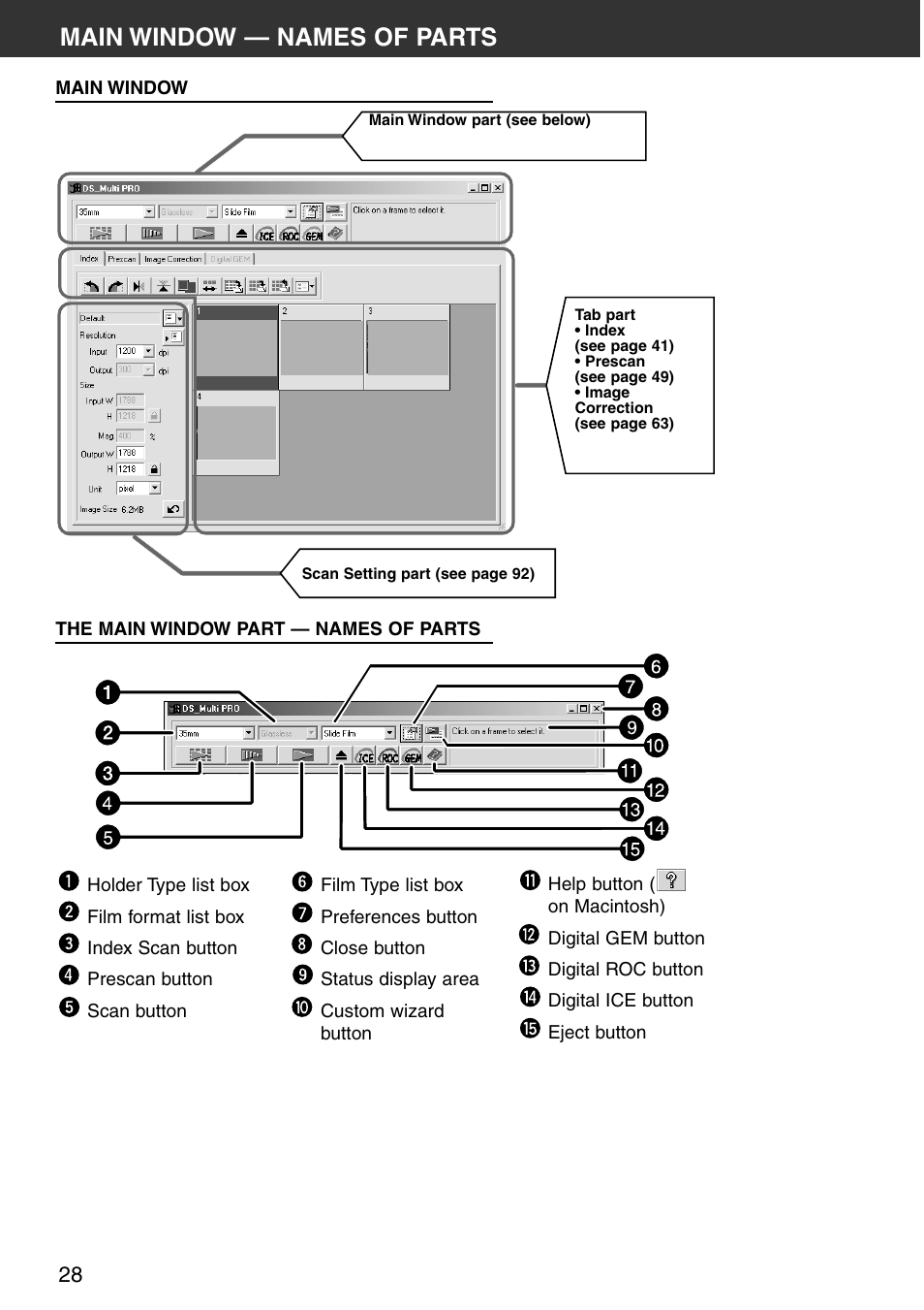 Main window, The main window part — names of parts, Main window — names of parts | Konica Minolta DiMAGE Scan Multi PRO User Manual | Page 28 / 129