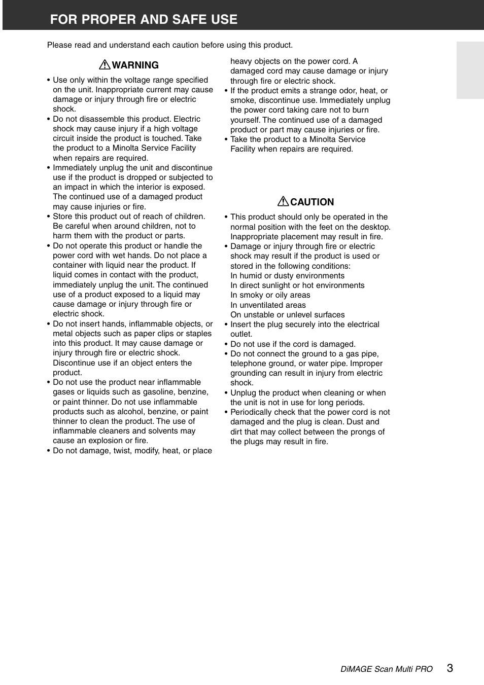 For proper and safe use | Konica Minolta DiMAGE Scan Multi PRO User Manual | Page 3 / 129