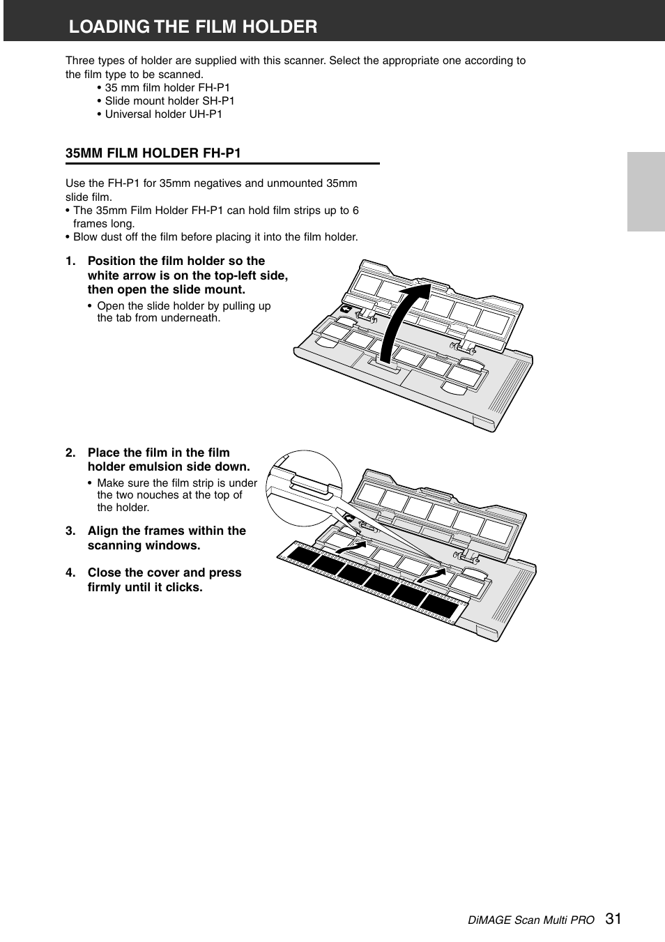 Loading the film holder, 35mm film holder fh-p1 | Konica Minolta DiMAGE Scan Multi PRO User Manual | Page 31 / 129