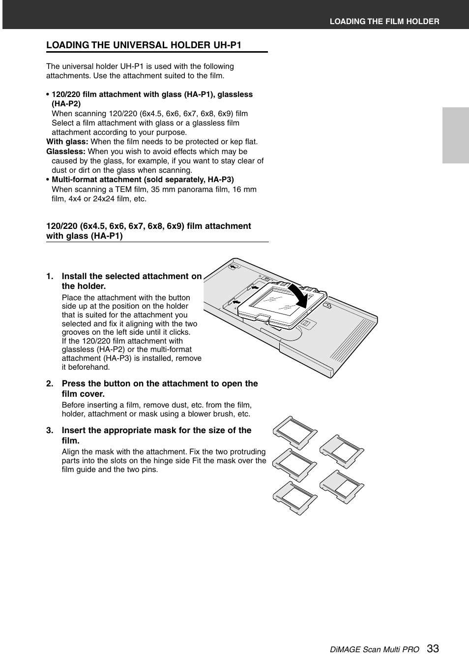 Loading the universal holder uh-p1 | Konica Minolta DiMAGE Scan Multi PRO User Manual | Page 33 / 129