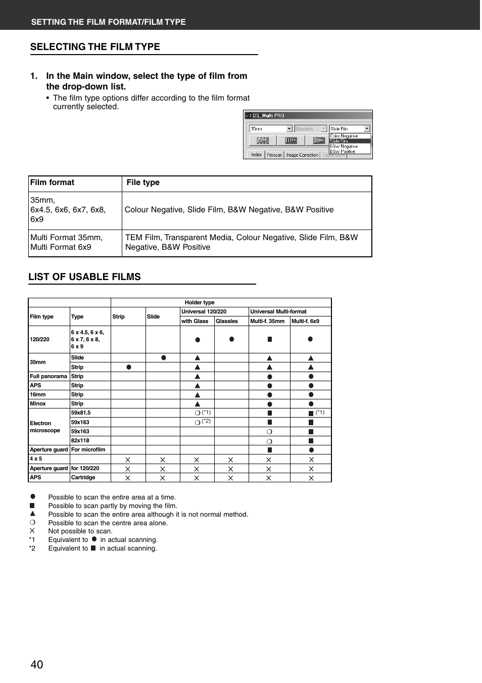 Selecting the film type list of usable films, Selecting the film type, List of usable films | Konica Minolta DiMAGE Scan Multi PRO User Manual | Page 40 / 129