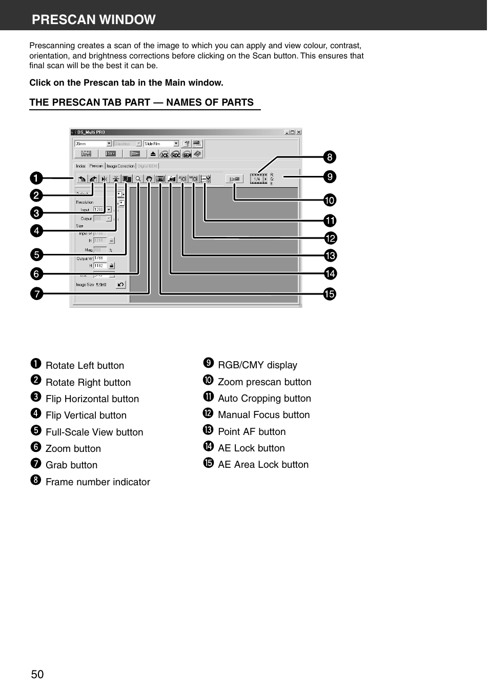 Prescan window, The prescan tab part — names of parts | Konica Minolta DiMAGE Scan Multi PRO User Manual | Page 50 / 129