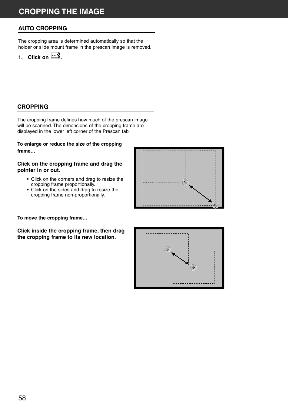 Cropping the image, Auto cropping cropping | Konica Minolta DiMAGE Scan Multi PRO User Manual | Page 58 / 129