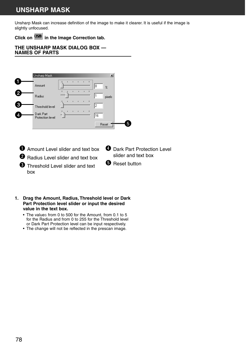 Unsharp mask, The unsharp mask dialog box — names of parts | Konica Minolta DiMAGE Scan Multi PRO User Manual | Page 78 / 129