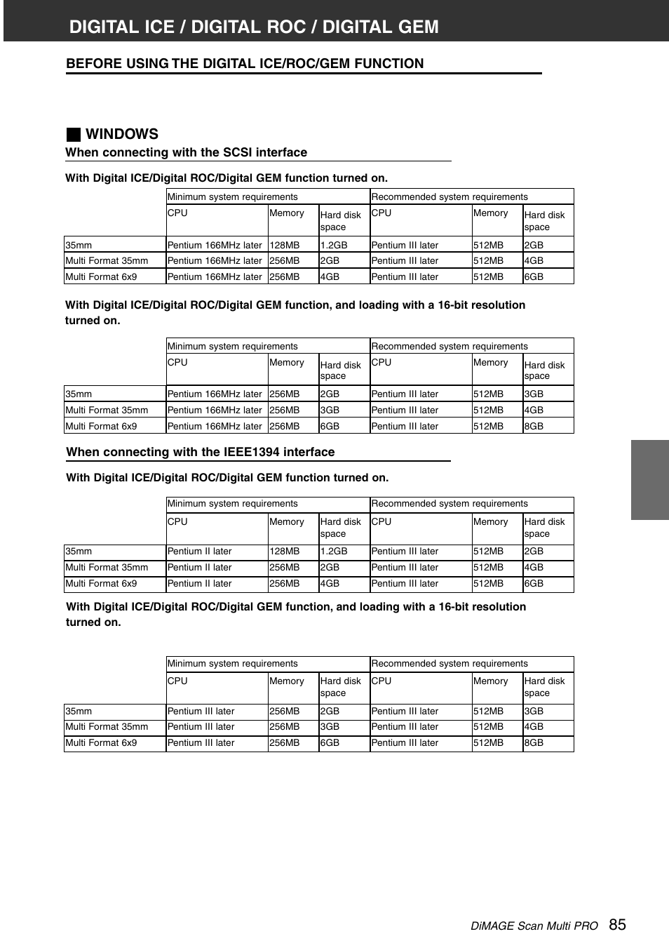 Digital ice / digital roc / digital gem, Before using the digital ice/roc/gem function, Windows | When connecting with the scsi interface, When connecting with the ieee1394 interface | Konica Minolta DiMAGE Scan Multi PRO User Manual | Page 85 / 129