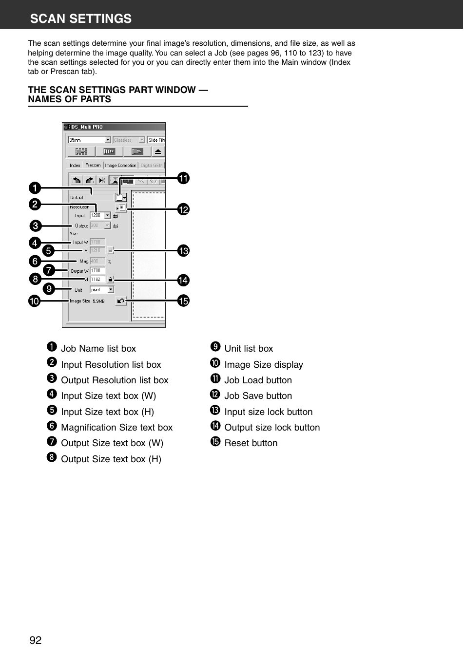 Scan settings, The scan settings part window — names of parts | Konica Minolta DiMAGE Scan Multi PRO User Manual | Page 92 / 129