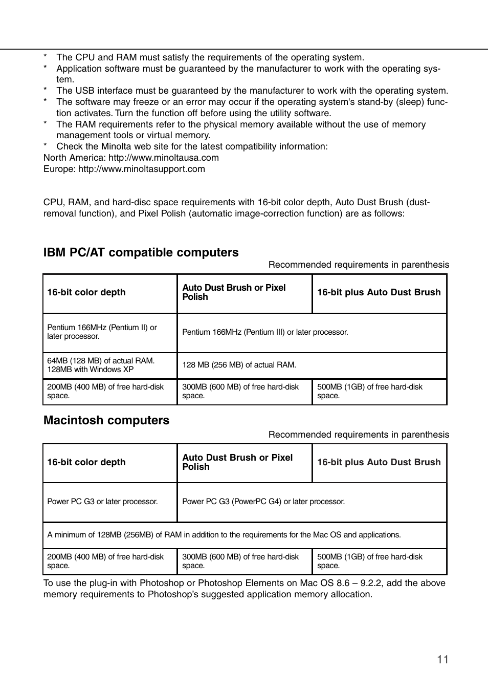 Macintosh computers, Ibm pc/at compatible computers | Konica Minolta DiMAGE Scan Dual III AF-2840 User Manual | Page 11 / 92