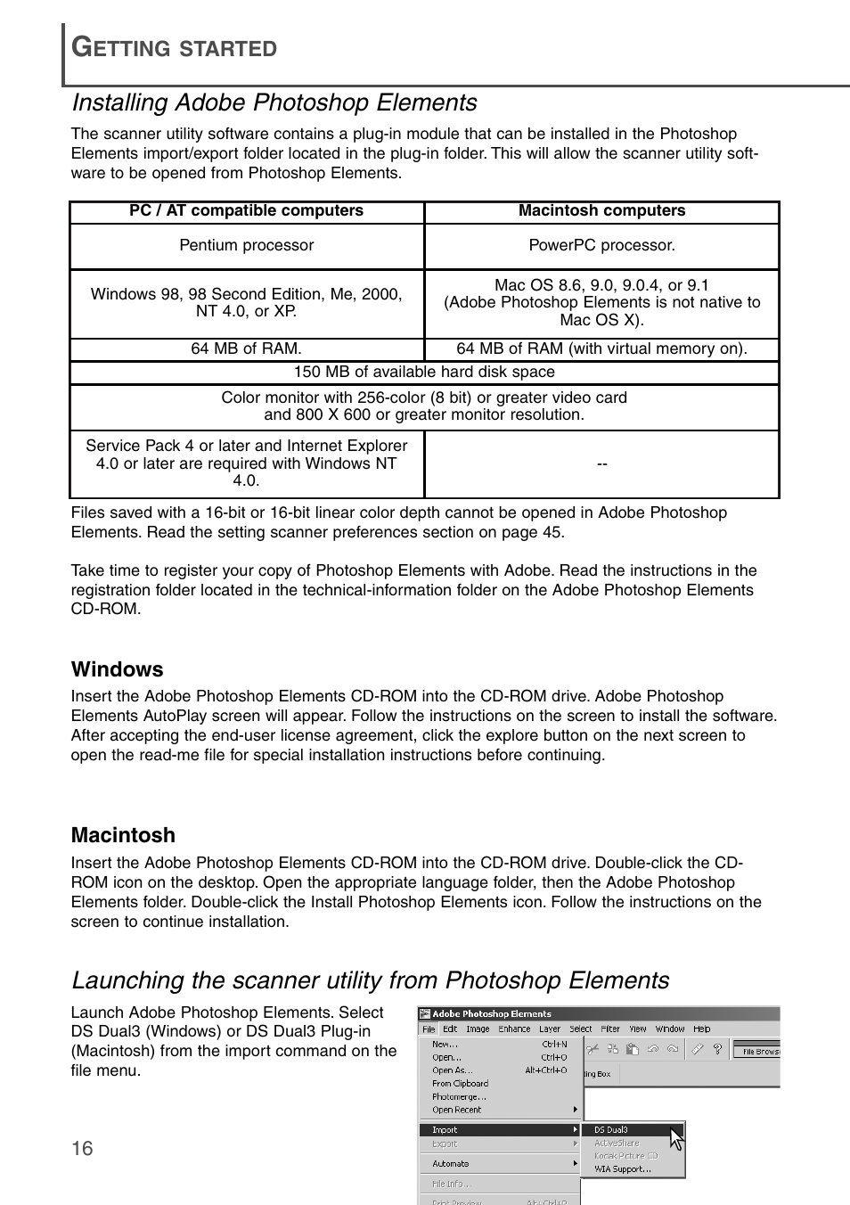 Installing adobe photoshop elements | Konica Minolta DiMAGE Scan Dual III AF-2840 User Manual | Page 16 / 92