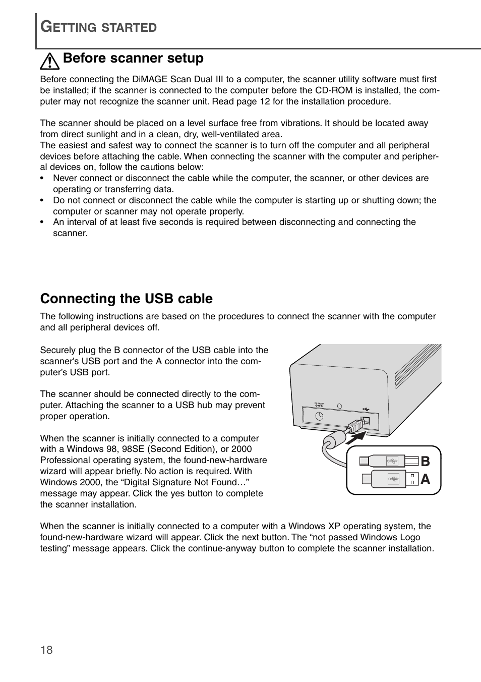 Before scanner setup connecting the usb cable, Connecting the usb cable, Before scanner setup | Konica Minolta DiMAGE Scan Dual III AF-2840 User Manual | Page 18 / 92