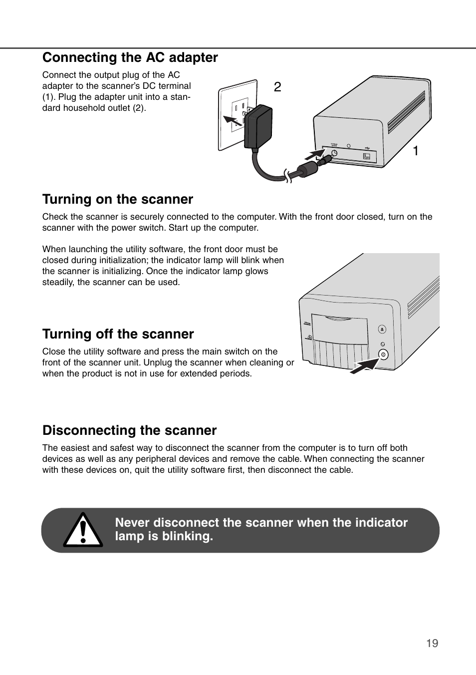 Disconnecting the scanner, Turning off the scanner | Konica Minolta DiMAGE Scan Dual III AF-2840 User Manual | Page 19 / 92