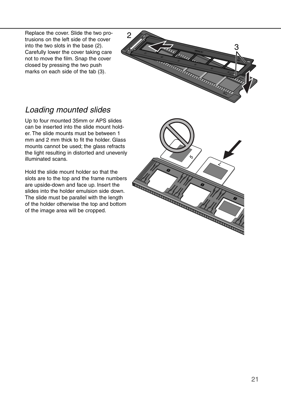 Loading mounted slides, 2loading mounted slides | Konica Minolta DiMAGE Scan Dual III AF-2840 User Manual | Page 21 / 92