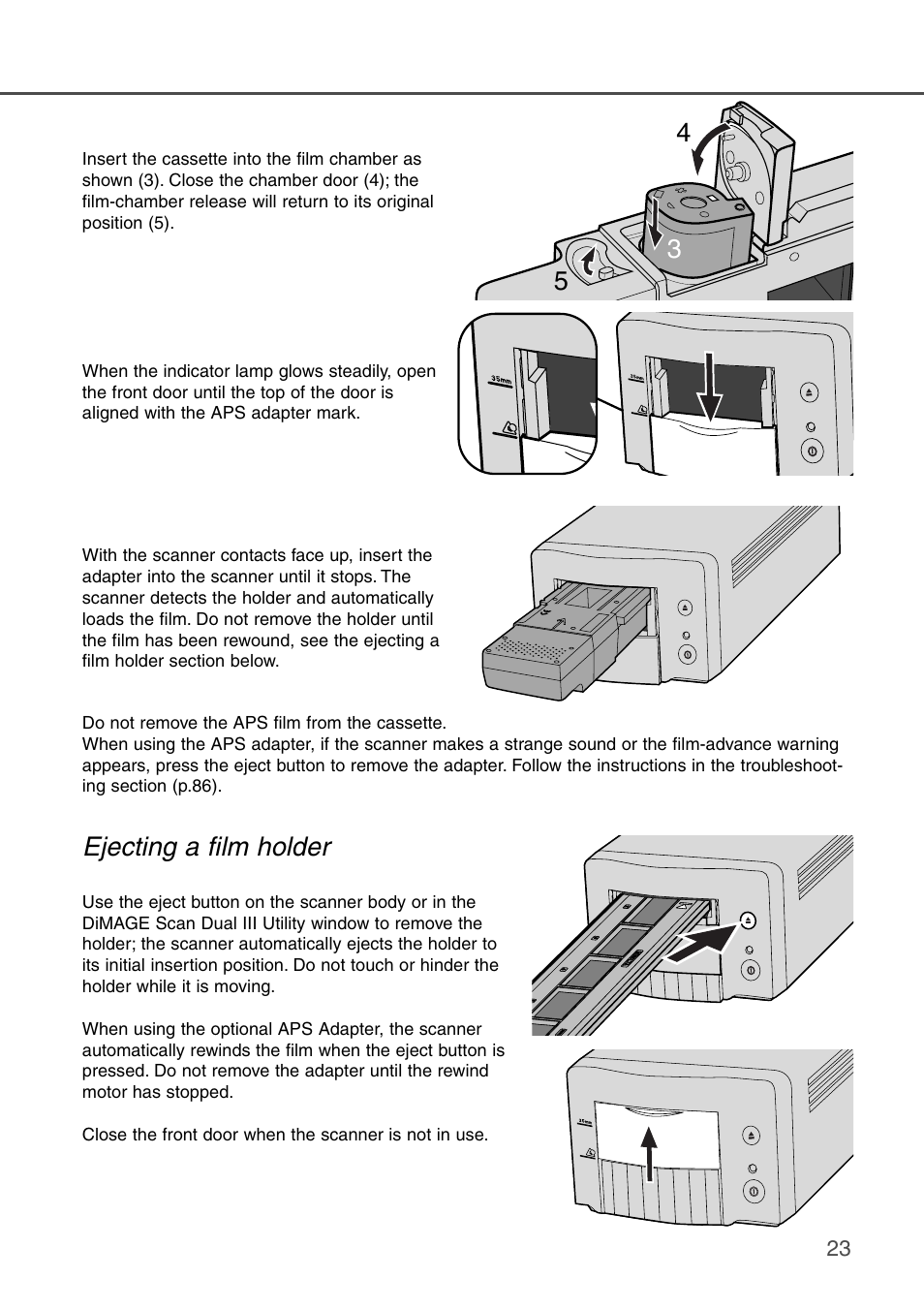 Ejecting a film holder, 34 5 ejecting a film holder | Konica Minolta DiMAGE Scan Dual III AF-2840 User Manual | Page 23 / 92