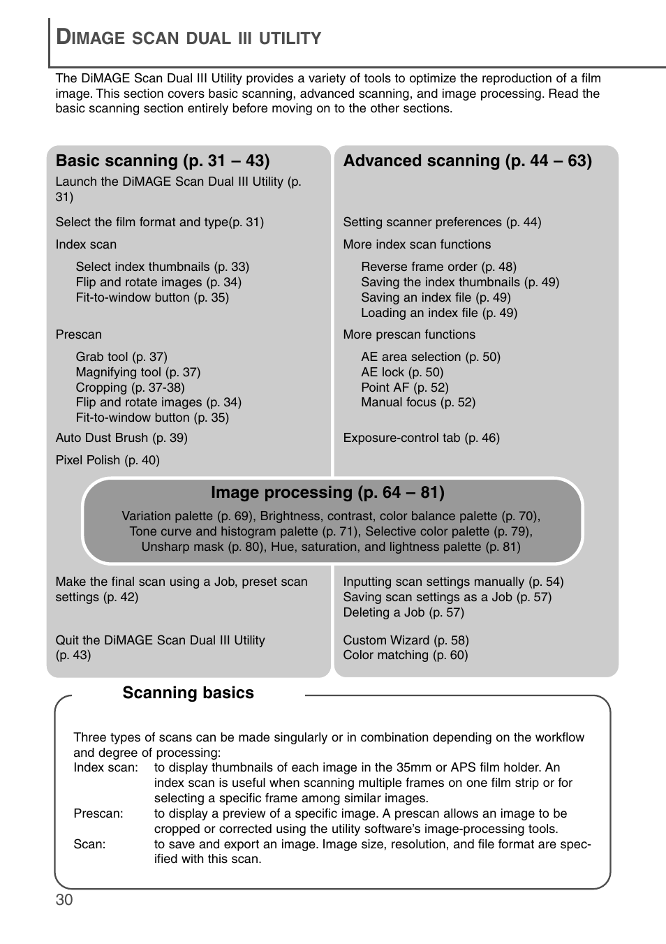 Dimage scan dual iii utility, Image scan dual iii utility, Image processing (p. 64 – 81) | Scanning basics | Konica Minolta DiMAGE Scan Dual III AF-2840 User Manual | Page 30 / 92
