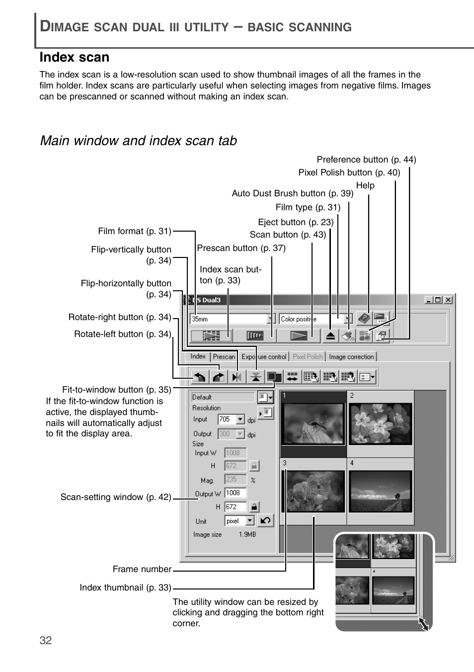 Index scan, Main window and index scan tab | Konica Minolta DiMAGE Scan Dual III AF-2840 User Manual | Page 32 / 92