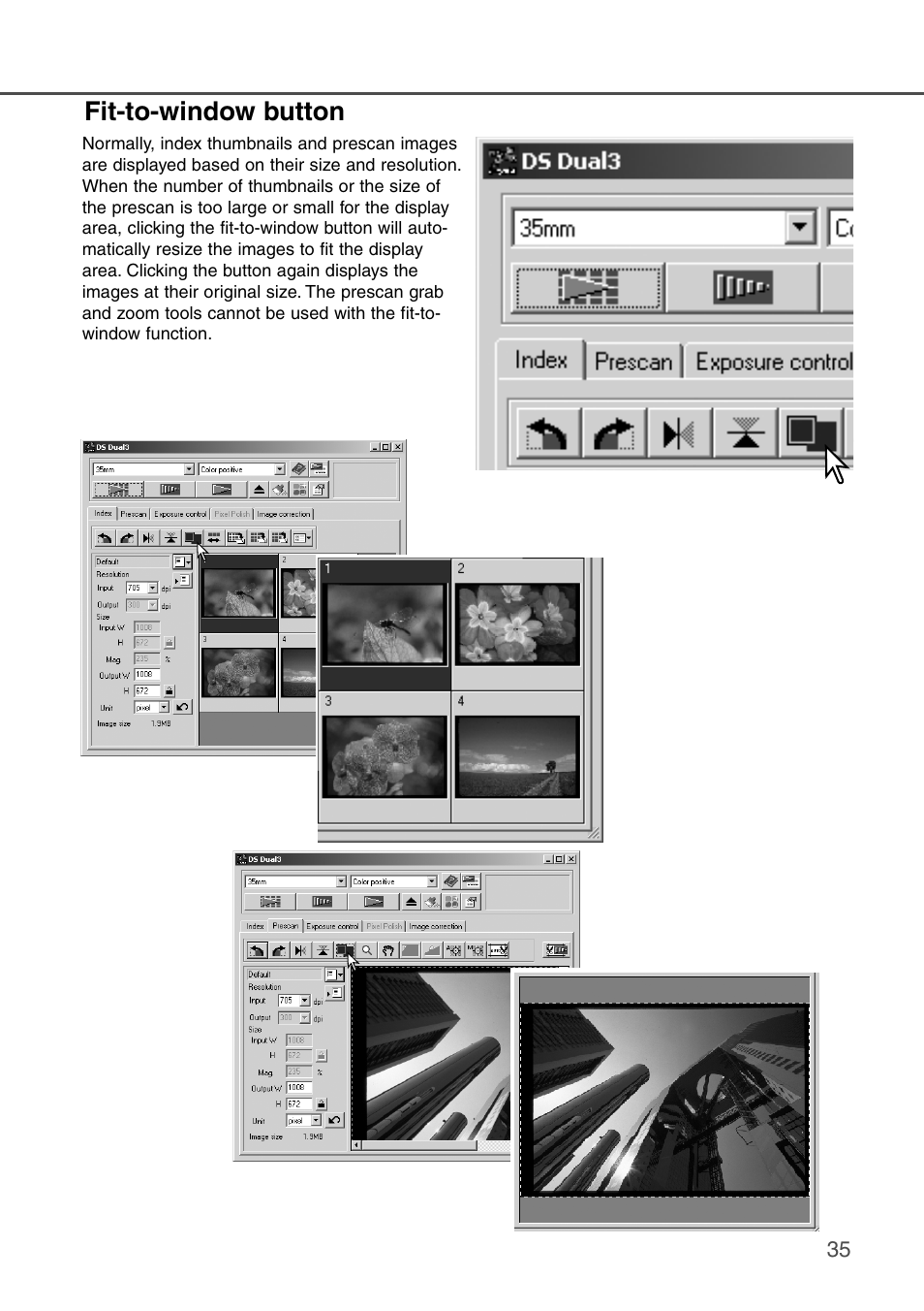 Fit-to-window button | Konica Minolta DiMAGE Scan Dual III AF-2840 User Manual | Page 35 / 92