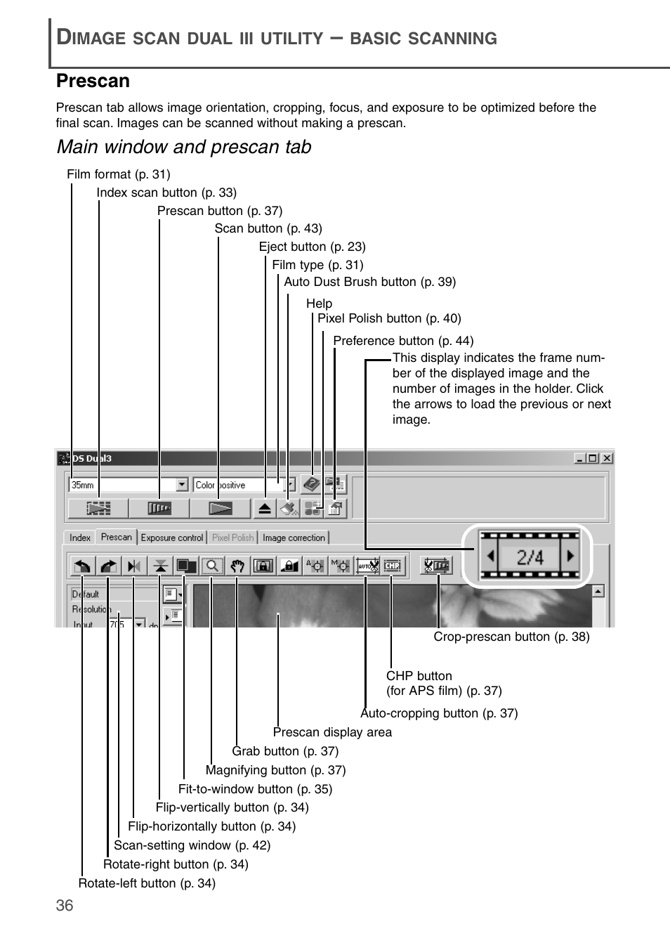 Prescan, Main window and prescan tab | Konica Minolta DiMAGE Scan Dual III AF-2840 User Manual | Page 36 / 92