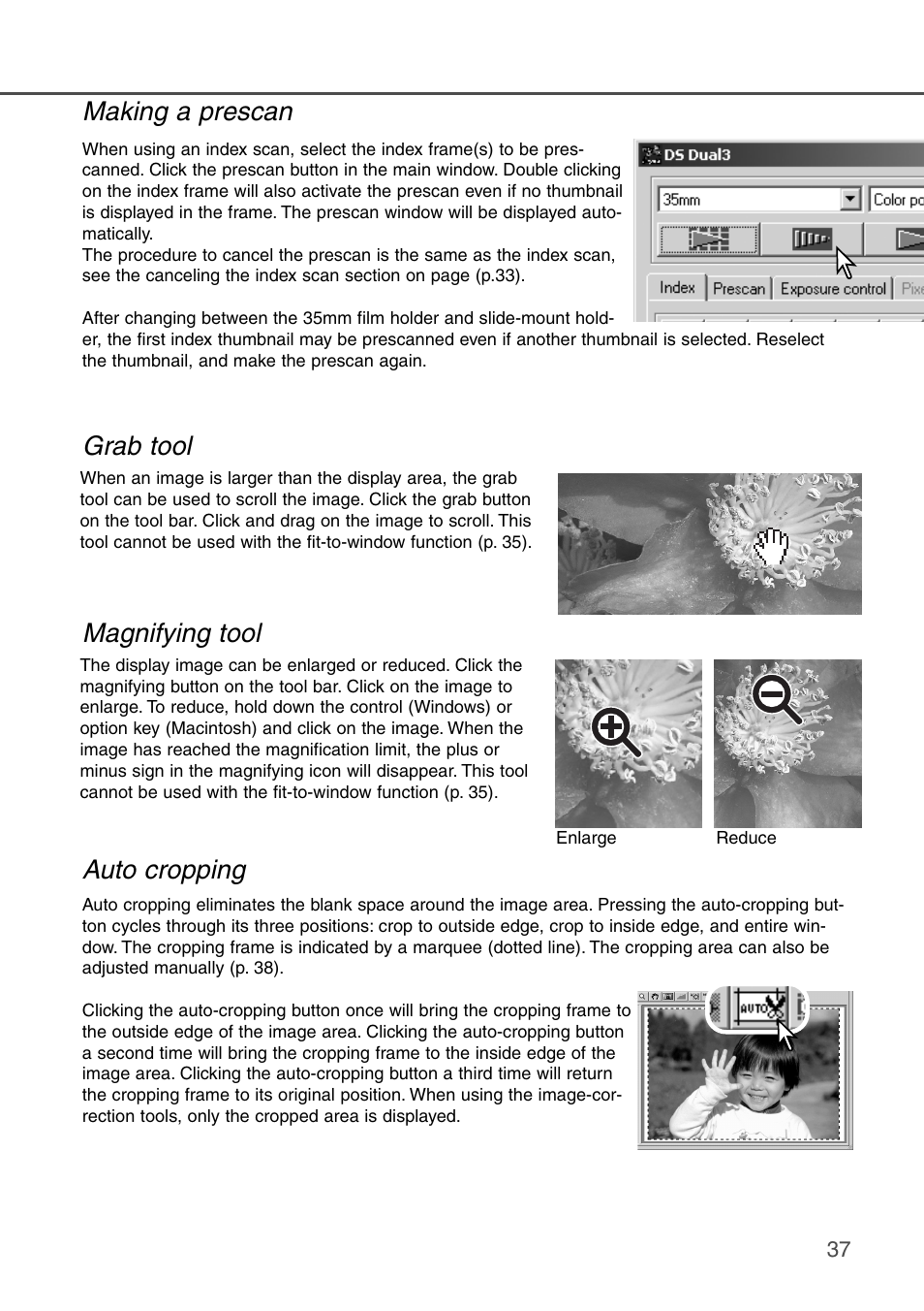 Making a prescan grab tool magnifying tool, Auto cropping | Konica Minolta DiMAGE Scan Dual III AF-2840 User Manual | Page 37 / 92