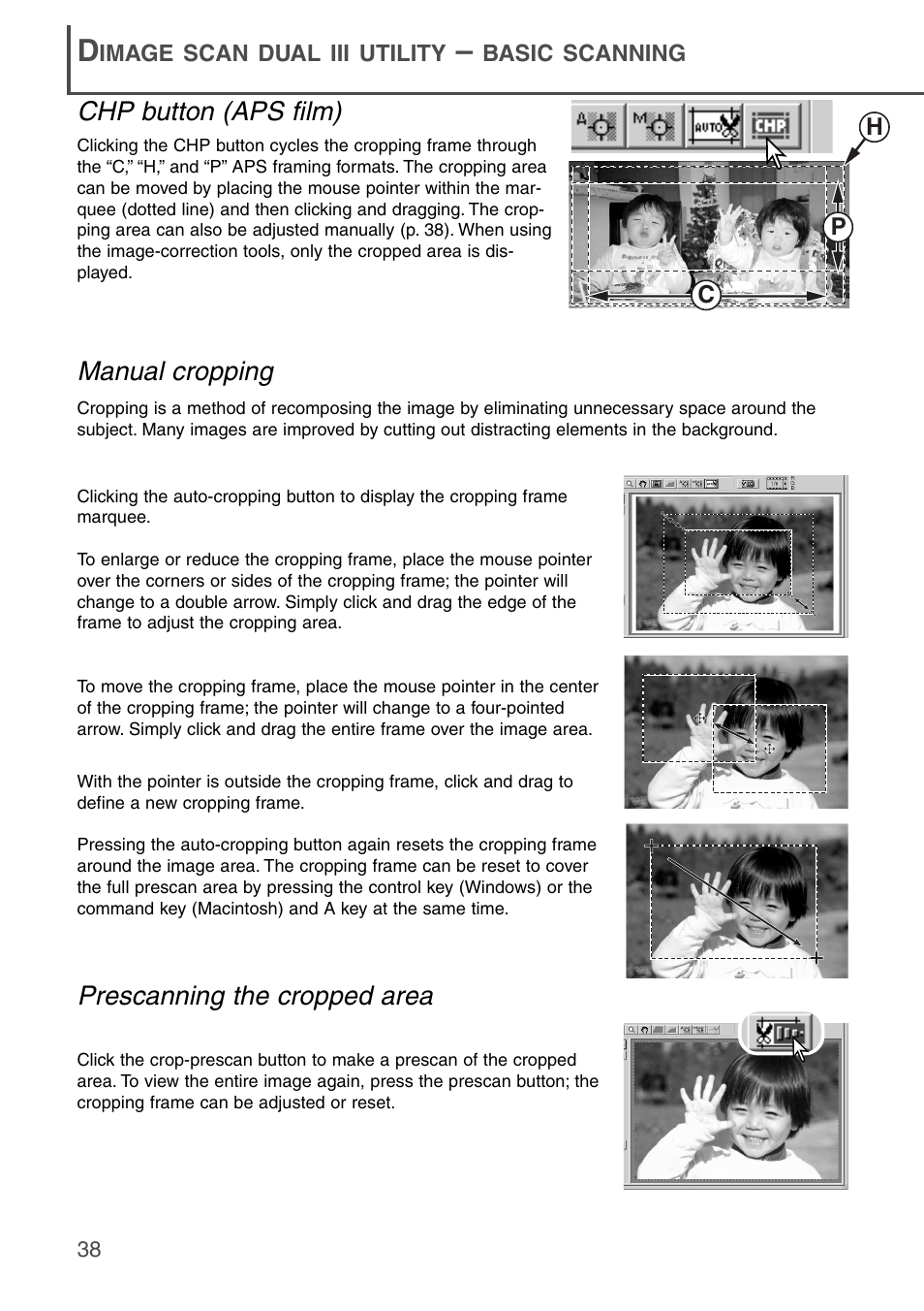 Manual cropping prescanning the cropped area, Chp button (aps film) | Konica Minolta DiMAGE Scan Dual III AF-2840 User Manual | Page 38 / 92