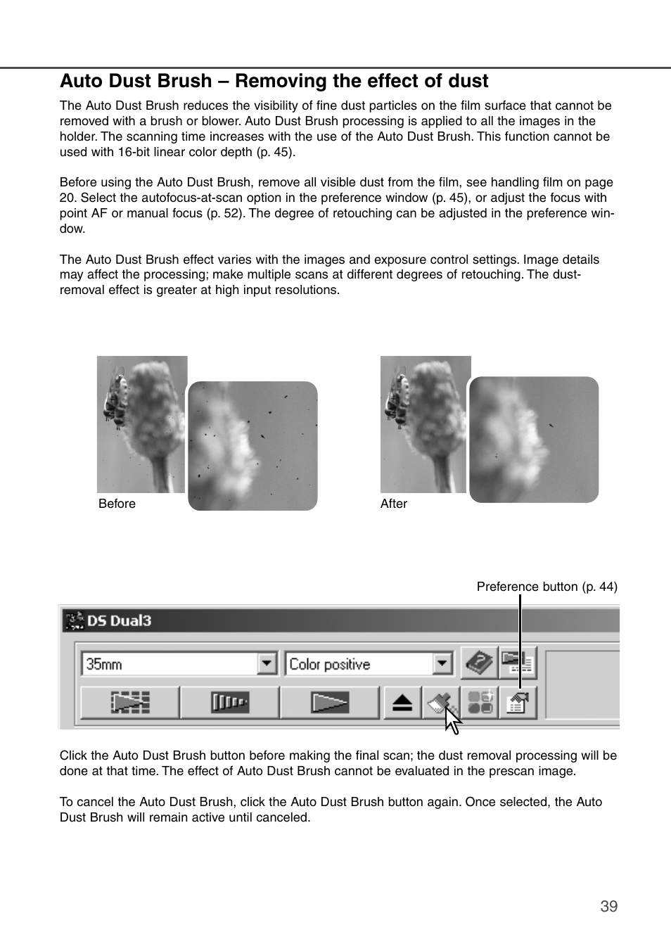 Auto dust brush – removing the effect of dust | Konica Minolta DiMAGE Scan Dual III AF-2840 User Manual | Page 39 / 92