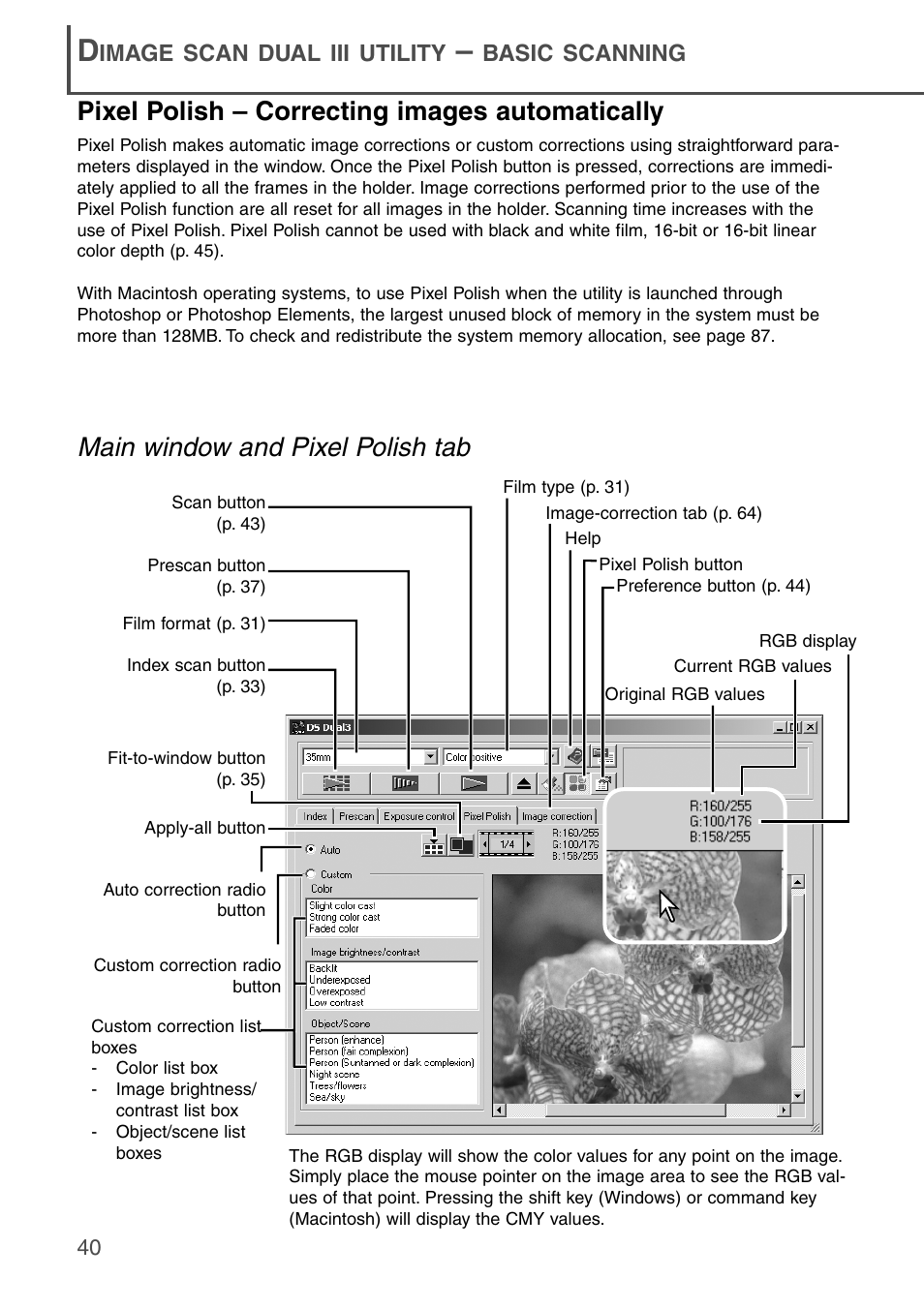 Pixel polish – correcting images automatically, Main window and pixel polish tab, Image scan dual iii utility | Basic scanning | Konica Minolta DiMAGE Scan Dual III AF-2840 User Manual | Page 40 / 92