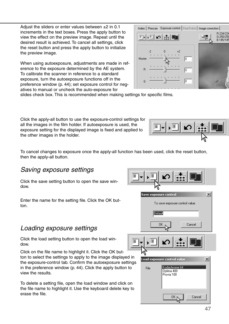 Saving exposure settings loading exposure settings, Loading exposure settings saving exposure settings | Konica Minolta DiMAGE Scan Dual III AF-2840 User Manual | Page 47 / 92