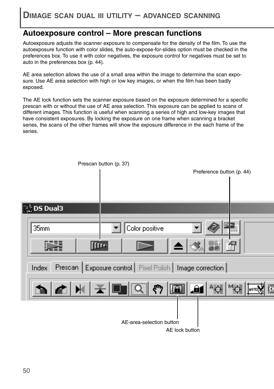 Autoexposure control – more prescan functions | Konica Minolta DiMAGE Scan Dual III AF-2840 User Manual | Page 50 / 92