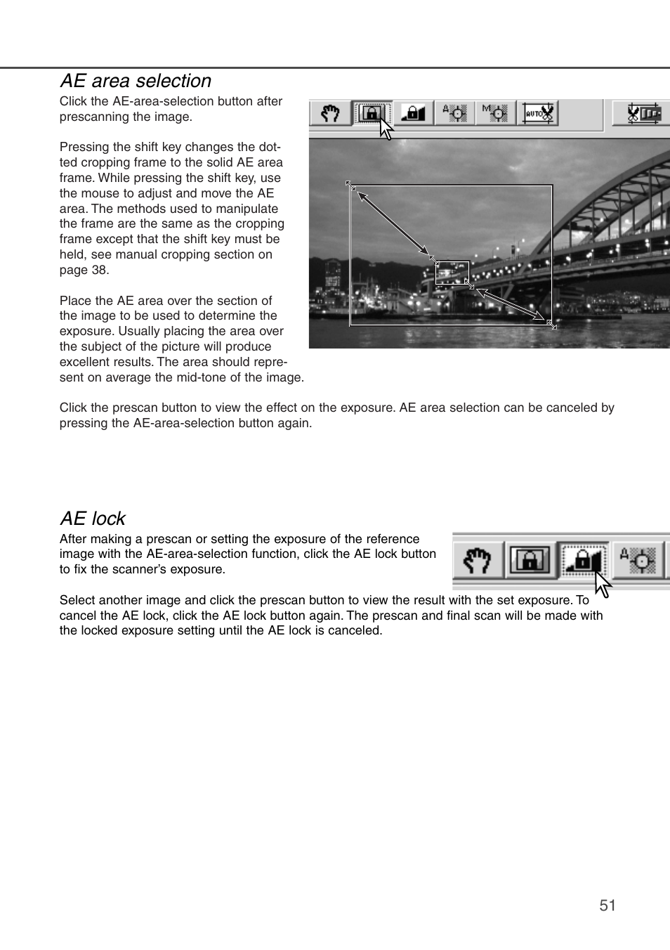 Ae area selection ae lock | Konica Minolta DiMAGE Scan Dual III AF-2840 User Manual | Page 51 / 92
