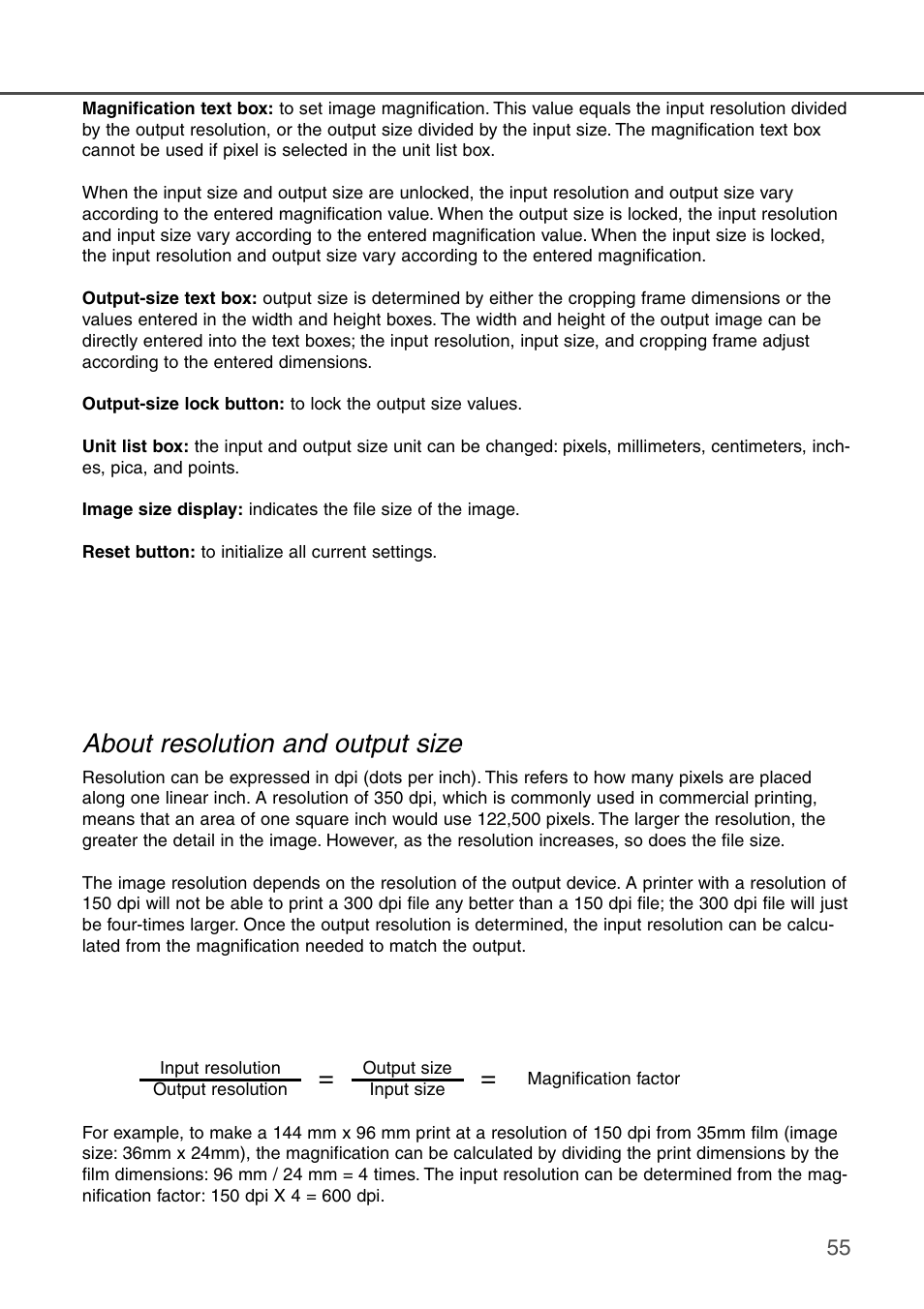 About resolution and output size | Konica Minolta DiMAGE Scan Dual III AF-2840 User Manual | Page 55 / 92