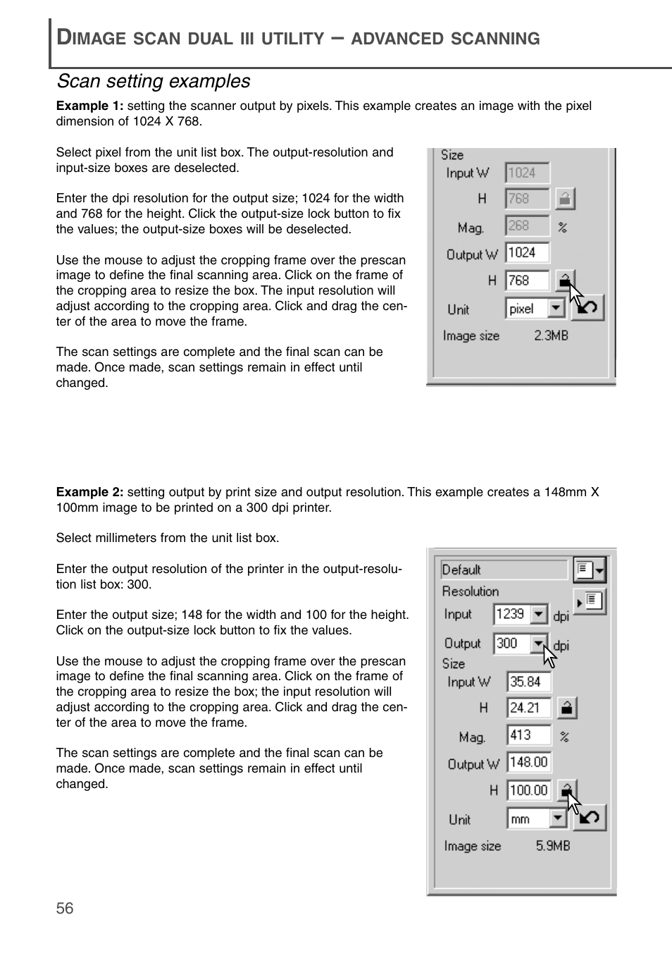 Scan setting examples | Konica Minolta DiMAGE Scan Dual III AF-2840 User Manual | Page 56 / 92