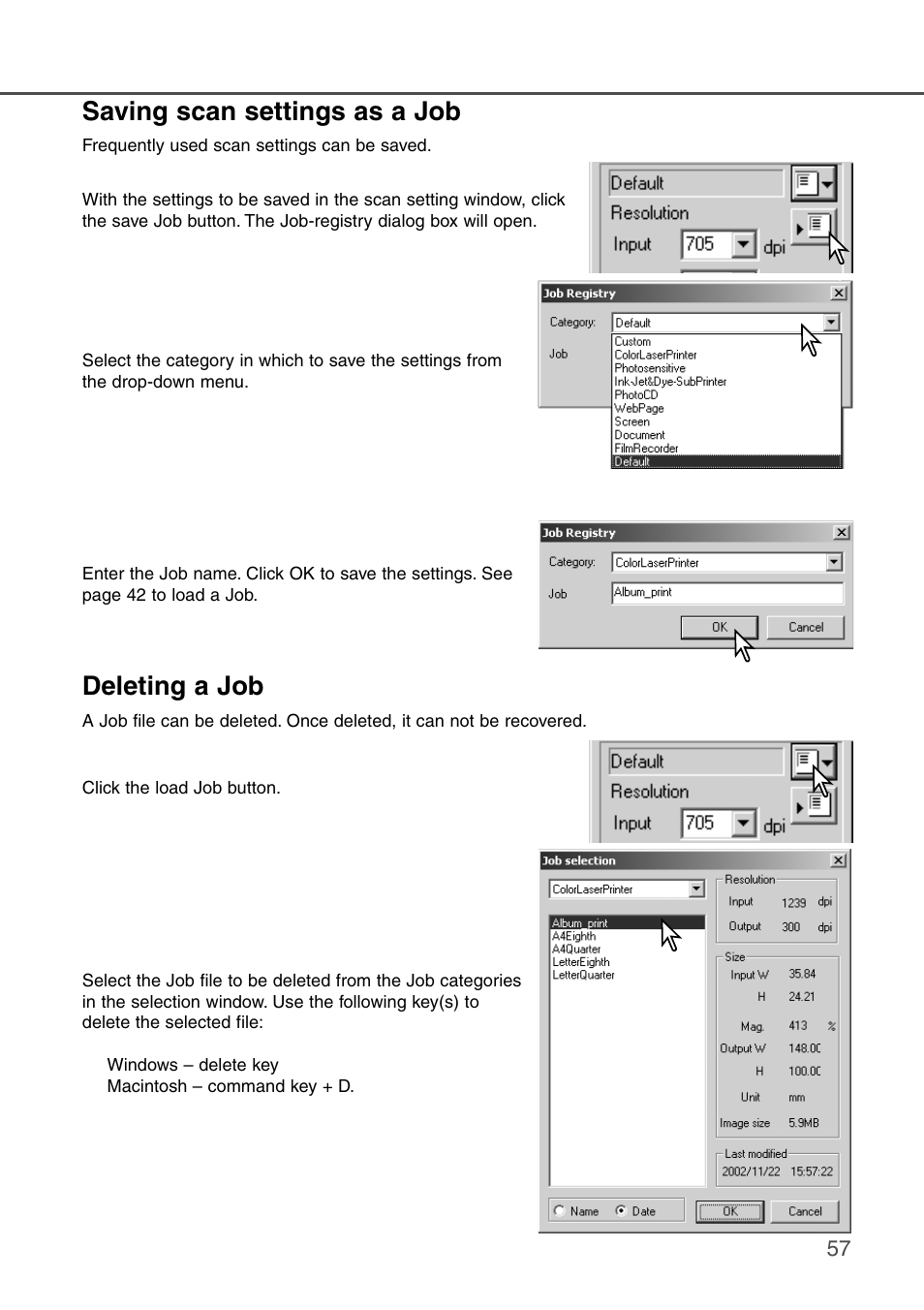 Saving scan settings as a job deleting a job | Konica Minolta DiMAGE Scan Dual III AF-2840 User Manual | Page 57 / 92