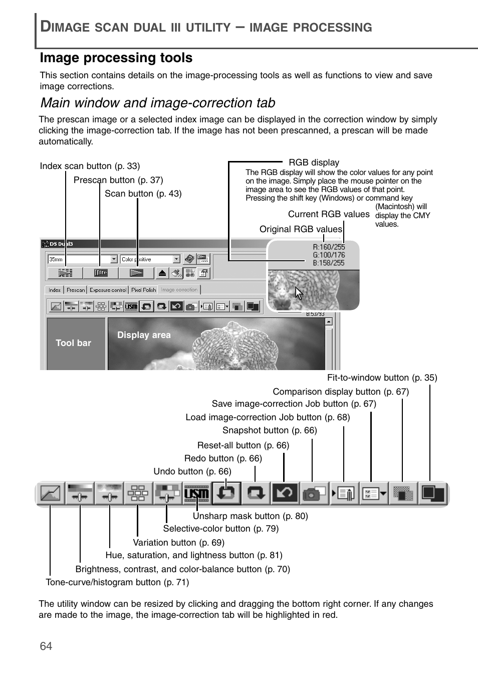 Dimage scan dual iii utility – image processing, Image processing tools, Main window and image-correction tab | Image scan dual iii utility, Image processing | Konica Minolta DiMAGE Scan Dual III AF-2840 User Manual | Page 64 / 92