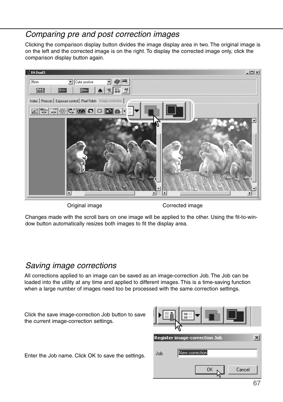Comparing pre and post correction images, Saving image corrections | Konica Minolta DiMAGE Scan Dual III AF-2840 User Manual | Page 67 / 92