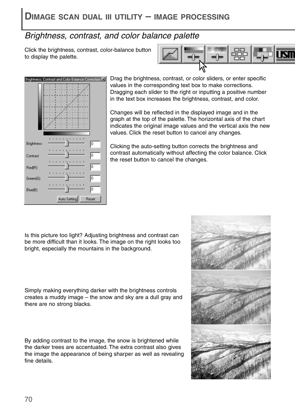 Brightness, contrast, and color balance palette | Konica Minolta DiMAGE Scan Dual III AF-2840 User Manual | Page 70 / 92