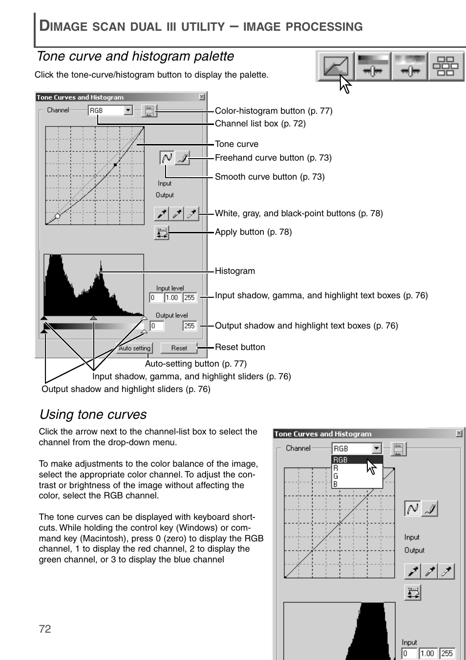 Tone curve and histogram palette using tone curves, Using tone curves, Tone curve and histogram palette | Konica Minolta DiMAGE Scan Dual III AF-2840 User Manual | Page 72 / 92