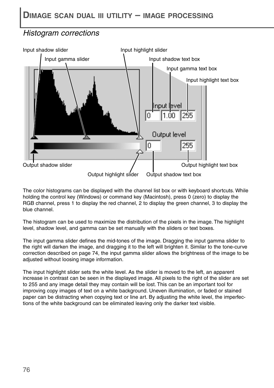 Histogram corrections | Konica Minolta DiMAGE Scan Dual III AF-2840 User Manual | Page 76 / 92